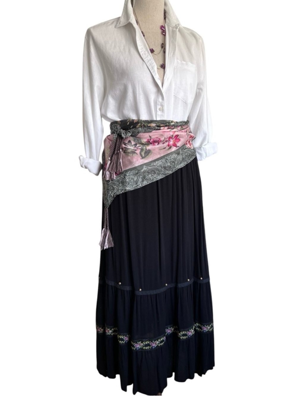 Together NWT Black Gauze Tiered Floral Ribbon Studded Midi Skirt Size 4